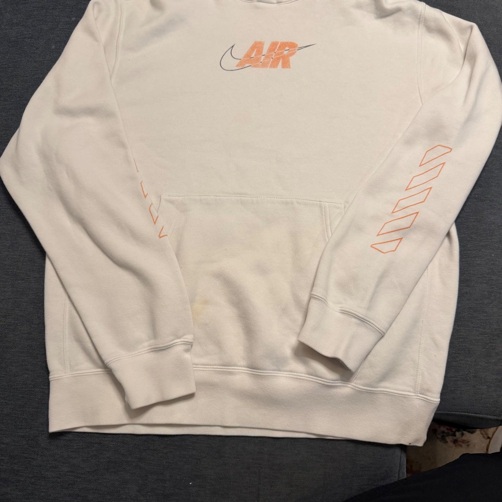 Nike Air Mens Hoodie Cream Orange Graphic Logo Pullover Sweatshirt Fleece